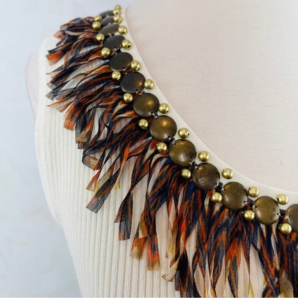 Ruby Rd. Ribbed Cream Beaded Fringe Neckline Tank Size Small - Picture 4 of 10